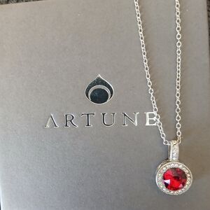 Artune White Gold Rhodium Plated Necklace With A Red Swarovski Crystal Pendant